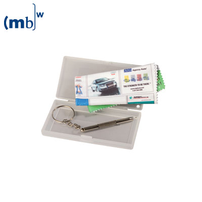 single packing for micorfibre cloth, hard plastic case with screw driver